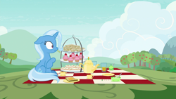 Size: 1920x1080 | Tagged: safe, screencap, character:trixie, species:pony, episode:student counsel, cup, cupcake, floppy ears, food, kettle, picnic blanket, sandwich, solo, teacup, that pony sure does love teacups