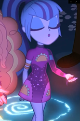 Size: 719x1080 | Tagged: safe, screencap, character:adagio dazzle, character:sonata dusk, episode:find the magic, g4, my little pony:equestria girls, clothing, cropped, dress, eyes closed, food, gem, jewelry, offscreen character, pendant, siren gem, taco, taco dress