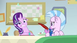 Size: 1920x1080 | Tagged: safe, screencap, character:silverstream, character:starlight glimmer, episode:student counsel, bulletin board, desk, office, quill, quill pen, starlight glimmer is best facemaker