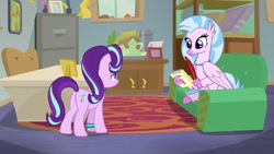 Size: 1920x1080 | Tagged: safe, screencap, character:silverstream, character:starlight glimmer, episode:student counsel, cabinet, chair, couch, desk, discovery family logo, office, rug, teapot
