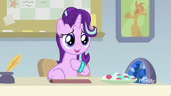 Size: 1366x768 | Tagged: safe, screencap, character:starlight glimmer, species:pony, episode:student counsel, armband, bulletin board, desk, discovery family logo, inkwell, office, quill, solo