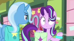 Size: 1366x768 | Tagged: safe, screencap, character:starlight glimmer, character:trixie, species:pony, episode:student counsel, bracelet, discovery family logo, flower shop, glow, jewelry