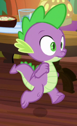 Size: 236x383 | Tagged: safe, screencap, character:spike, species:dragon, episode:the point of no return, g4, my little pony: friendship is magic, claws, cropped, folded wings, male, running, shrunken pupils, solo, tail, toes, underfoot, wide eyes, winged spike, wings