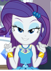 Size: 315x436 | Tagged: safe, screencap, character:rarity, episode:camping must-haves, g4, my little pony:equestria girls, bed, bedroom eyes, bracelet, cropped, eyeshadow, jewelry, looking at you, makeup, rarity's bedroom, solo