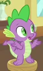 Size: 268x442 | Tagged: safe, screencap, character:spike, species:dragon, episode:the point of no return, g4, my little pony: friendship is magic, claws, cropped, fangs, folded wings, male, shrug, slit eyes, solo, tail, toes, winged spike, wings