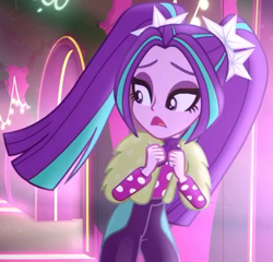 Size: 641x616 | Tagged: safe, screencap, character:aria blaze, episode:find the magic, g4, my little pony:equestria girls, alternate clothes, ariabetes, clothing, cropped, cute, female, neon, pants, polka dots, ponytails, solo