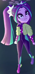 Size: 184x388 | Tagged: safe, screencap, character:aria blaze, episode:find the magic, g4, my little pony:equestria girls, alternate clothes, ariabetes, clothing, cropped, cute, looking up, neon, pants, polka dots, ponytails, shoes, solo