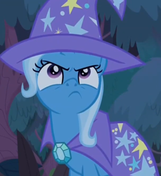 Size: 648x706 | Tagged: safe, screencap, character:trixie, species:pony, species:unicorn, episode:student counsel, angry, cape, clothing, cropped, cute, diatrixes, female, frown, hat, madorable, mare, solo
