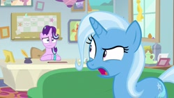 Size: 1920x1080 | Tagged: safe, screencap, character:starlight glimmer, character:trixie, species:pony, species:unicorn, episode:student counsel, annoyed, bracelet, duo, female, jewelry, mare, quill, raised eyebrow, starlight's office