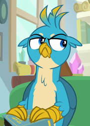 Size: 518x720 | Tagged: safe, screencap, character:gallus, species:griffon, episode:student counsel, :c, >:c, book, chest fluff, claws, cropped, frown, gallus is not amused, grumpy, male, solo