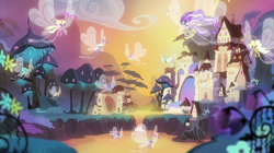 Size: 2100x1180 | Tagged: safe, screencap, species:breezies, episode:it ain't easy being breezies, g4, my little pony: friendship is magic, breezie world, castle, flying, mushroom, scenery