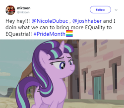 Size: 619x540 | Tagged: safe, screencap, character:starlight glimmer, species:human, episode:the cutie map, g4, my little pony: friendship is magic, equality, equality mark, josh haber, meta, mike vogel, nicole dubuc, pride, pride month, s5 starlight, solo, twitter