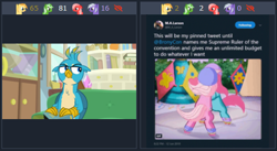 Size: 494x270 | Tagged: safe, screencap, character:gallus, character:minty, character:pinkie pie (g3), oc, oc:comment, oc:downvote, oc:favourite, oc:upvote, derpibooru, derpibooru ponified, episode:student counsel, g3, :c, >:c, angry, frown, gallus is not amused, hard hat, hat, helmet, juxtaposition, larson you magnificent bastard, looking sideways, m.a. larson, meta, ponified, roller skates, sitting, smiling, twitter