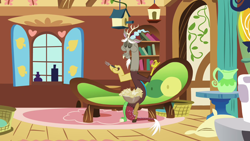 Size: 1280x720 | Tagged: safe, screencap, character:discord, species:draconequus, episode:keep calm and flutter on, g4, my little pony: friendship is magic, bird house, book, coach, eating, eyes closed, fluttershy's cottage, fork, male, pillow, solo