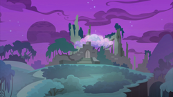Size: 2100x1180 | Tagged: safe, screencap, episode:student counsel, castle of the royal pony sisters, cloud, everfree forest, night, no pony, ravine, ruins, tree, treehouse of harmony