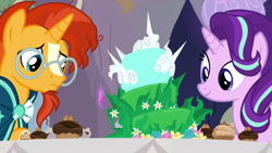 Size: 1920x1080 | Tagged: safe, screencap, character:starlight glimmer, character:sunburst, species:pony, species:unicorn, episode:student counsel, cake, cupcake, disappointed, equinox cake, food, happy, spiky