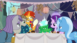 Size: 1920x1080 | Tagged: safe, screencap, character:maud pie, character:mudbriar, character:starlight glimmer, character:sunburst, character:trixie, species:earth pony, species:pony, species:unicorn, episode:student counsel, cake, cupcake, equinox cake, food, pain, spiky, table