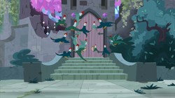 Size: 2100x1180 | Tagged: safe, screencap, species:cockatrice, species:pony, episode:student counsel, castle of the royal pony sisters, door, flock, flying, stairs