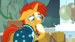 Size: 1920x1080 | Tagged: safe, screencap, character:sunburst, species:pony, species:unicorn, episode:student counsel, balloon, cute, hoof in mouth, pain, solo, sunbetes, table