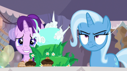 Size: 1920x1080 | Tagged: safe, screencap, character:starlight glimmer, character:trixie, species:pony, species:unicorn, episode:student counsel, balloon, cake, cupcake, equinox cake, eyeroll, food