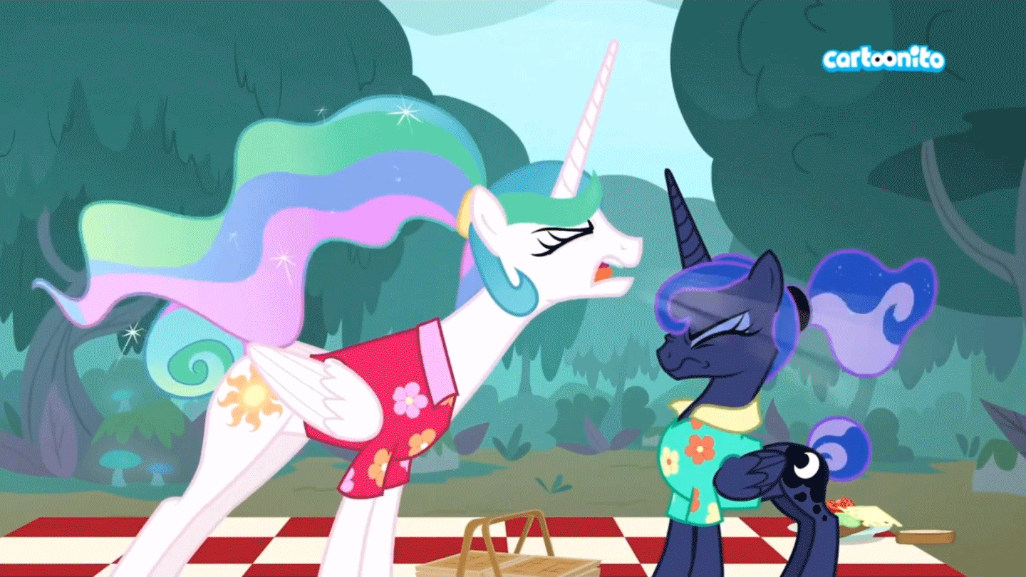 Size: 1440x810 | Tagged: safe, screencap, character:princess celestia, character:princess luna, species:alicorn, species:pony, episode:between dark and dawn, g4, my little pony: friendship is magic, alternate hairstyle, animated, bickering, bickering sisters, cartoonito logo, clothing, eyeliner, eyes closed, female, folded wings, hair bun, hawaiian shirt, makeup, mare, nose wrinkle, picnic, picnic blanket, royal sisters, screaming, shirt, siblings, sisters, tail bun, traditional royal canterlot voice, wings