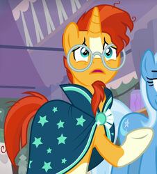 Size: 976x1080 | Tagged: safe, screencap, character:sunburst, character:trixie, species:pony, species:unicorn, episode:student counsel, clothing, cropped, glasses, male, offscreen character, raised hoof, robe, socks (coat marking), sunburst's glasses, sunburst's robe