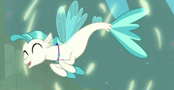 Size: 491x256 | Tagged: safe, screencap, character:terramar, species:seapony (g4), episode:surf and/or turf, g4, my little pony: friendship is magic, cropped, cute, eyes closed, fins, happy, jewelry, male, necklace, solo, tail, terrabetes
