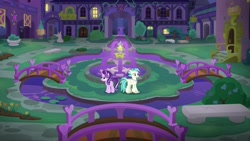 Size: 1920x1080 | Tagged: safe, screencap, character:starlight glimmer, character:terramar, species:classical hippogriff, species:hippogriff, species:pony, episode:student counsel, fountain, school of friendship