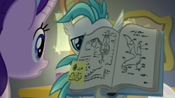 Size: 1920x1080 | Tagged: safe, screencap, character:starlight glimmer, character:terramar, species:cockatrice, species:hippogriff, species:pony, species:unicorn, episode:student counsel, anatomy, book, diagram, female, illustration, male, mare, open book, shipping fuel, sticky note, written equestrian