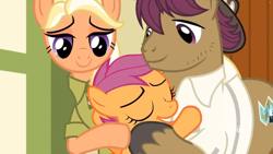 Size: 1745x982 | Tagged: safe, screencap, character:mane allgood, character:scootaloo, character:snap shutter, species:earth pony, species:pegasus, species:pony, episode:the last crusade, g4, my little pony: friendship is magic, discovery family logo, female, filly, hug, male, mare, scootaloo's parents, scootalove, stallion