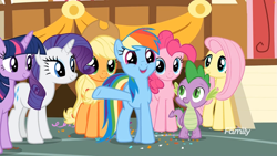 Size: 1745x982 | Tagged: safe, screencap, character:applejack, character:fluttershy, character:pinkie pie, character:rainbow dash, character:rarity, character:spike, character:twilight sparkle, character:twilight sparkle (alicorn), species:alicorn, species:dragon, species:earth pony, species:pegasus, species:pony, species:unicorn, episode:the last crusade, g4, my little pony: friendship is magic, cute, dashabetes, discovery family logo, mane six, ponyville town hall, town hall