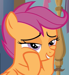 Size: 991x1079 | Tagged: safe, screencap, character:scootaloo, species:pegasus, species:pony, episode:the last crusade, g4, my little pony: friendship is magic, cropped, cute, cutealoo, daydream, female, filly, hooves on cheeks, lidded eyes, smiling, solo