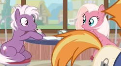 Size: 1058x575 | Tagged: safe, screencap, character:dave the intern, character:fuchsia frost, character:loganberry, species:earth pony, species:pony, episode:the last crusade, g4, my little pony: friendship is magic, drinking, eye contact, female, friendship student, looking at each other, male, mare, milkshake, ponies sitting next to each other, restaurant, sitting, stallion, stool, table