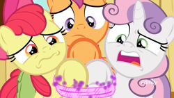 Size: 1920x1080 | Tagged: safe, screencap, character:apple bloom, character:scootaloo, character:sweetie belle, species:earth pony, species:pegasus, species:pony, species:unicorn, episode:the last crusade, g4, my little pony: friendship is magic, bound, cutie mark crusaders, discovery family logo, female, filly, frown, legs tied, magic, open mouth, stuck, worried