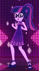 Size: 376x678 | Tagged: safe, screencap, character:twilight sparkle, character:twilight sparkle (scitwi), species:eqg human, episode:i'm on a yacht, g4, my little pony:equestria girls, cropped, cute, feet, geode of telekinesis, glasses, magical geodes, neon eg logo, open-toed shoes, sandals, sleeveless, solo, twiabetes