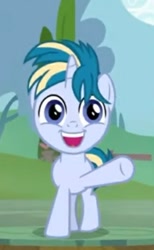 Size: 323x523 | Tagged: safe, screencap, character:skeedaddle, species:pony, species:unicorn, episode:the last crusade, g4, my little pony: friendship is magic, colt, cropped, cute, happy, hooves, male, skeedabetes, smiling, solo, waving