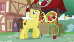 Size: 1920x1080 | Tagged: safe, screencap, species:earth pony, species:pony, episode:the last crusade, g4, my little pony: friendship is magic, apple, background pony, country roads, food, male, solo, stallion