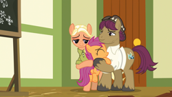 Size: 1920x1080 | Tagged: safe, screencap, character:mane allgood, character:scootaloo, character:snap shutter, species:earth pony, species:pegasus, species:pony, episode:the last crusade, g4, my little pony: friendship is magic, clothing, cutie mark, eyes closed, family, father and daughter, female, filly, foal, hat, hug, long time no see, male, mare, mother and daughter, ponyville schoolhouse, scootaloo's parents, scootalove, shirt, stallion, the cmc's cutie marks, trio