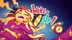 Size: 1280x720 | Tagged: safe, screencap, character:sunset shimmer, episode:wake up!, g4, my little pony:equestria girls, clothing, cute, cyoa, drool, pajamas, shimmerbetes, sleeping, snoring, title card