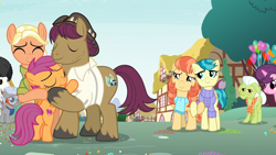 Size: 1920x1080 | Tagged: safe, screencap, character:aunt holiday, character:auntie lofty, character:chipcutter, character:granny smith, character:mane allgood, character:scootaloo, character:snap shutter, character:starry eyes, character:sugar belle, species:earth pony, species:pegasus, species:pony, species:unicorn, ship:lofty day, episode:the last crusade, g4, my little pony: friendship is magic, best friends, butt, clothing, cutie mark, female, filly, foal, holding hooves, hug, lesbian, male, mare, plot, scarf, scootalove, shipping, stallion, sweater, the cmc's cutie marks