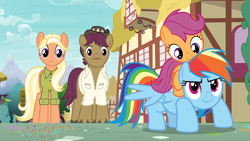 Size: 1920x1080 | Tagged: safe, screencap, character:mane allgood, character:rainbow dash, character:scootaloo, character:snap shutter, species:pegasus, species:pony, episode:the last crusade, g4, my little pony: friendship is magic, clothing, female, filly, foal, hat, male, mare, ponies riding ponies, quartet, scootalove, shirt, siblings, sisters, stallion