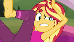 Size: 1280x720 | Tagged: safe, screencap, character:sunset shimmer, episode:wake up!, g4, my little pony:equestria girls, armpits, barefoot, choose rainbow dash, clothing, confused, cyoa, feet, pants, sleeveless, solo, tank top, the stranded turtle, wake up!: rainbow dash, yoga, yoga mat, yoga pants