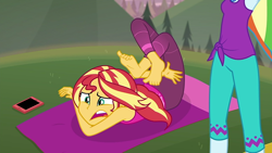 Size: 1280x720 | Tagged: safe, screencap, character:rainbow dash, character:sunset shimmer, episode:wake up!, g4, my little pony:equestria girls, barefoot, choose rainbow dash, clothing, cyoa, feet, horse on a bike, pants, phone, sleeveless, tangled up, tank top, wake up!: rainbow dash, yoga, yoga mat, yoga pants