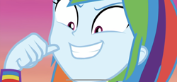 Size: 1792x828 | Tagged: safe, screencap, character:rainbow dash, episode:wake up!, g4, my little pony:equestria girls, choose rainbow dash, close-up, cyoa, it was me dio, rainbow dash is best facemaker, solo, teeth, wake up!: rainbow dash