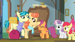 Size: 1920x1080 | Tagged: safe, screencap, character:apple bloom, character:aunt holiday, character:auntie lofty, character:scootaloo, character:sweetie belle, species:earth pony, species:pegasus, species:pony, species:unicorn, episode:the last crusade, g4, my little pony: friendship is magic, cutie mark, cutie mark crusaders, eyes closed, female, filly, foal, head pat, lesbian, mare, pat, raised hoof, suitcase, the cmc's cutie marks, wing hands, wing hold, wings