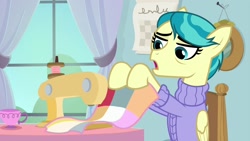 Size: 1920x1080 | Tagged: safe, screencap, character:auntie lofty, species:pegasus, species:pony, episode:the last crusade, g4, my little pony: friendship is magic, chair, clothing, female, hoof hold, quilt, sewing machine, sitting, solo, sweater, table, window