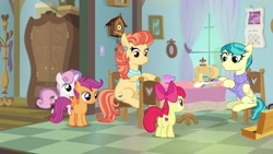 Size: 1920x1080 | Tagged: safe, screencap, character:apple bloom, character:aunt holiday, character:auntie lofty, character:scootaloo, character:sweetie belle, species:earth pony, species:pegasus, species:pony, species:unicorn, episode:the last crusade, g4, my little pony: friendship is magic, clock, clothing, cutie mark, cutie mark crusaders, female, filly, scarf, sewing machine, sweater, the cmc's cutie marks