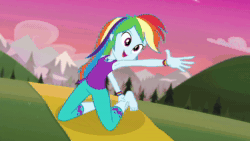 Size: 1280x720 | Tagged: safe, screencap, character:rainbow dash, character:sunset shimmer, episode:wake up!, g4, my little pony:equestria girls, animated, armpits, barefoot, clothing, confused lemur, crossed legs, cyoa, feet, geode of empathy, geode of super speed, horse on a bike, inverse badger, magical geodes, meditation, pants, phone, sitting, sleeveless, sound, tank top, tech-savvy donkey, the stranded turtle, the undulating parakeet, wake up!: rainbow dash, webm, yoga, yoga mat, yoga pants, yoga pose
