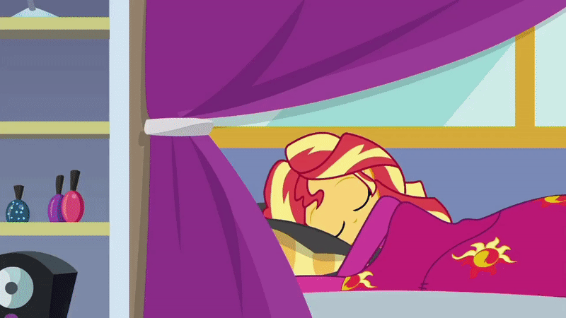 Size: 800x450 | Tagged: safe, screencap, character:applejack, character:sunset shimmer, episode:wake up!, g4, my little pony:equestria girls, animated, annoyed, barefoot, bed, blanket, clothing, covering, curled toes, curled up, feet, glare, grumpy, pajamas, pillow, sitting up, sleeping, toe curl, wake up!: applejack, waking up