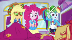 Size: 1920x1080 | Tagged: safe, screencap, character:applejack, character:pinkie pie, character:rainbow dash, character:sunset shimmer, episode:wake up!, g4, my little pony:equestria girls, animated, bed, clothing, covering, dress, geode of sugar bombs, geode of super speed, hat, implied princess celestia, jacket, looking at each other, looking at someone, magical geodes, pants, pillow, rv, sleep talking, sleeping, sound, sunglasses, webm, worried